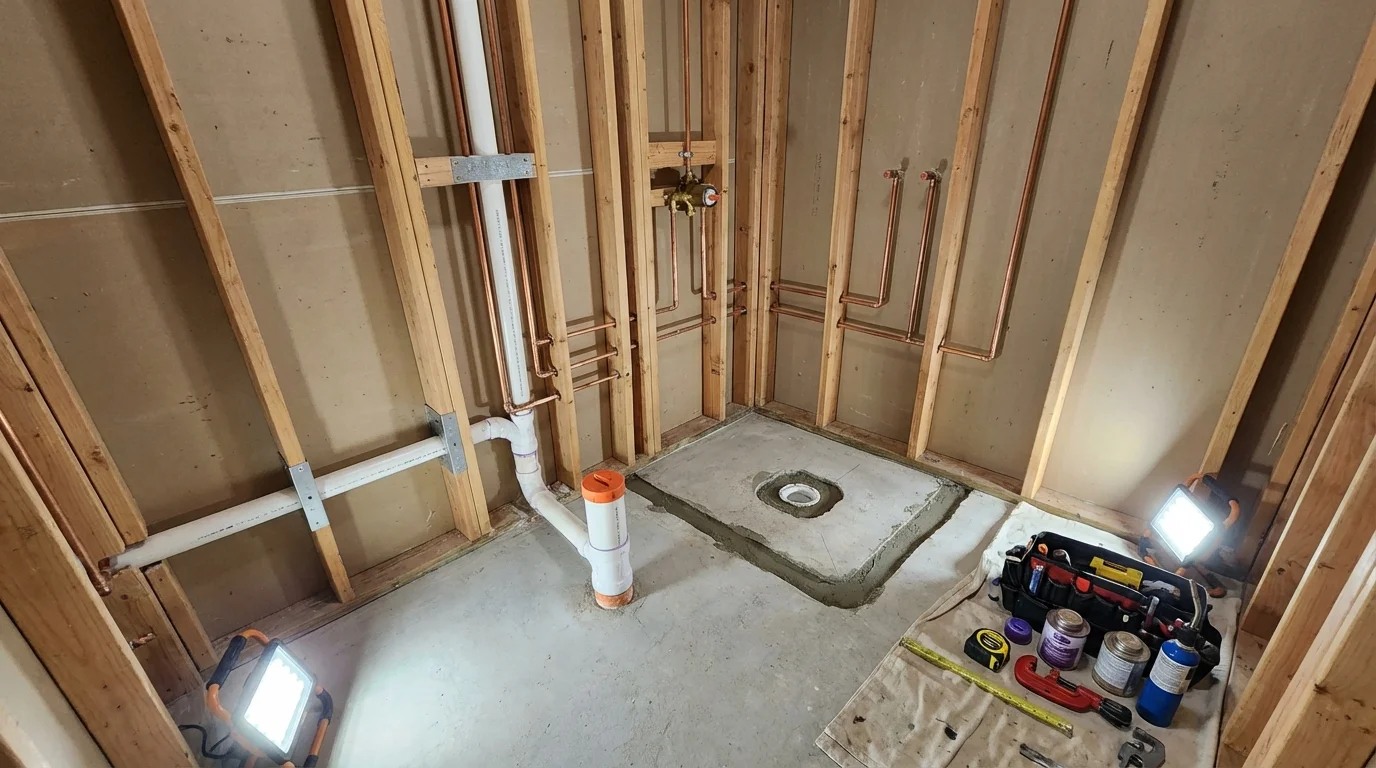 Bathroom rough-in plumbing during remodel by Johns Plumbing LLC in Haines