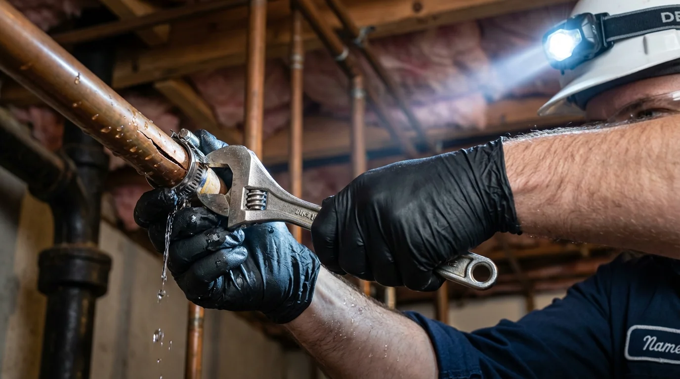 Emergency pipe clamp repair being performed by a Johns Plumbing LLC plumber in Haines