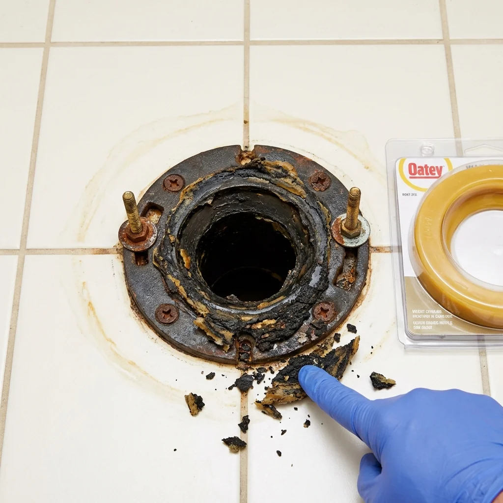Failed wax ring showing water seepage at the base of a toilet in a Haines, AK home