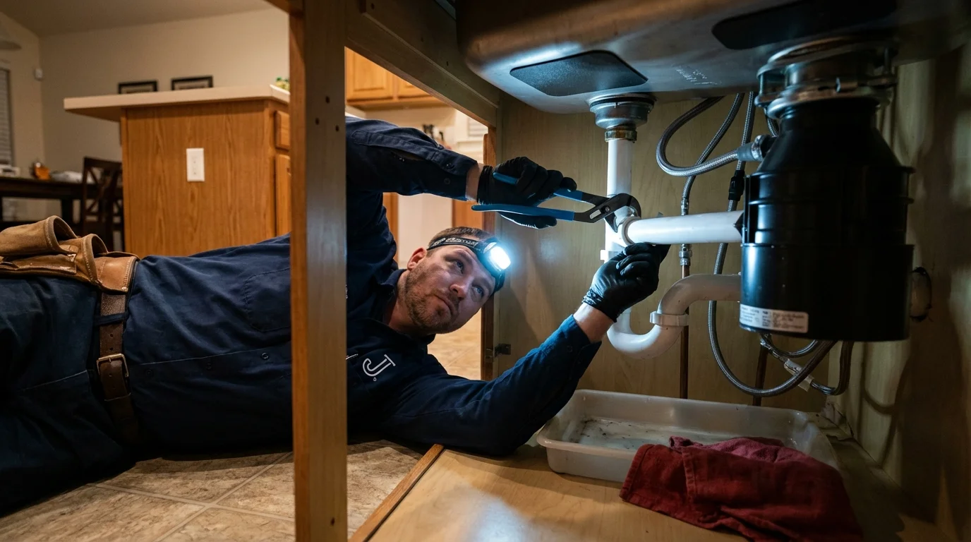 P-trap and supply line connections under a kitchen sink showing a common leak point in Haines, AK